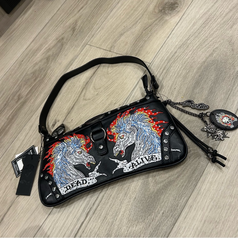 Ed Hardy Black Shoulder Purse with Keychains